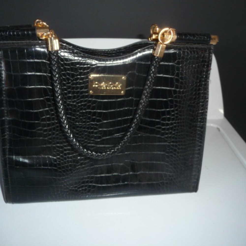 bebe Handbag- black faux alligator handbag, 11"x12"x6"